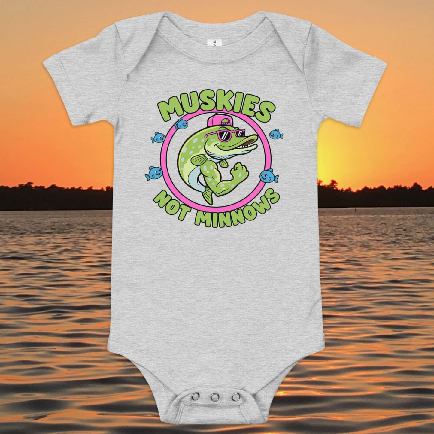 baby fishing onesie with cartoon muskie and muskies not minnows text design