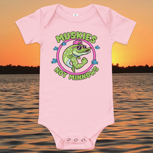 baby fishing onesie with cartoon muskie and muskies not minnows text design