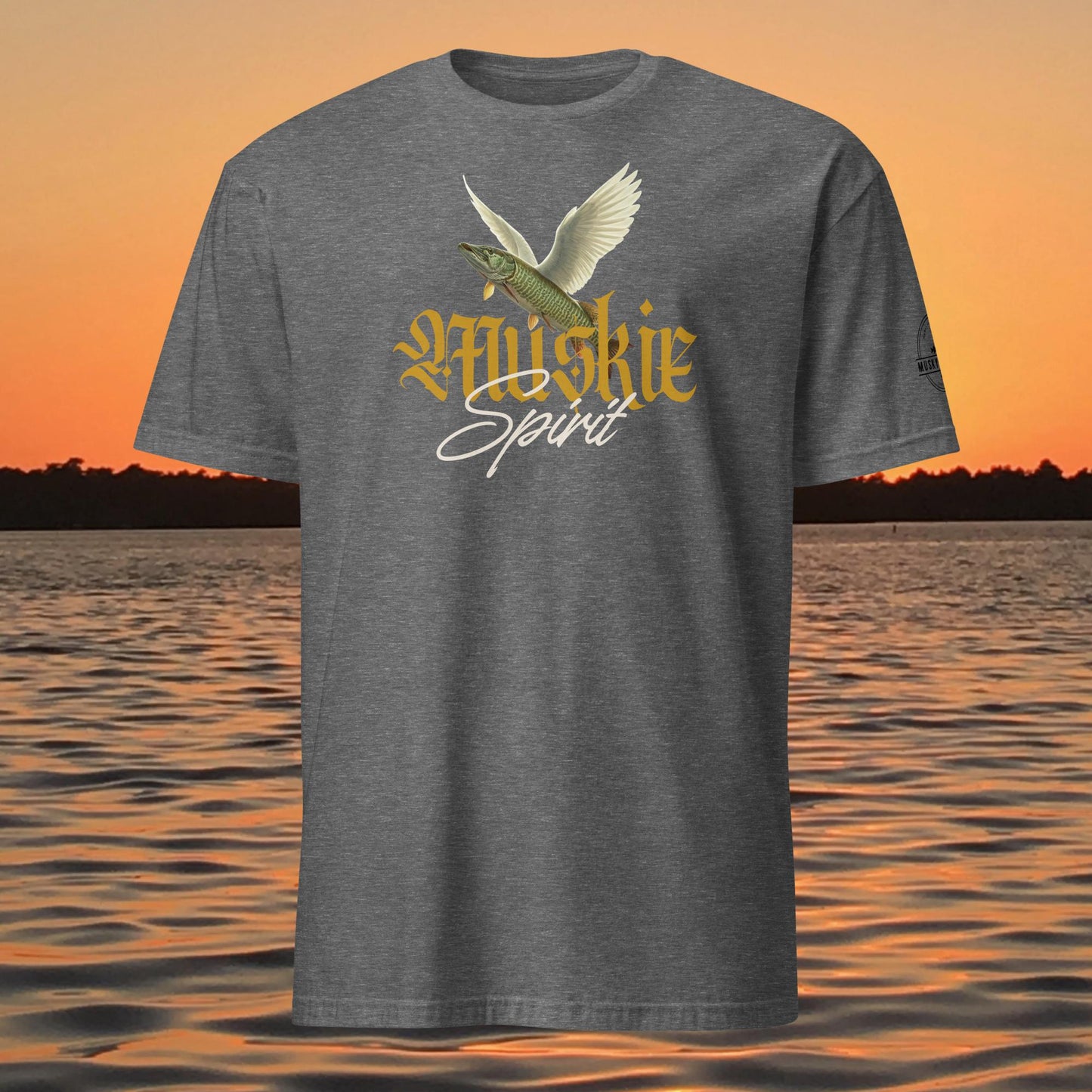 musky fishing shirt muskie spirit design flying fish graphic on dark grey shirt
