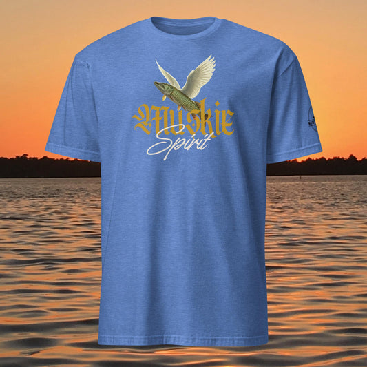 musky fishing shirt muskie spirit design flying fish graphic on blue shirt
