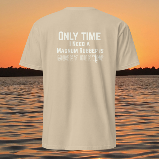 funny muskie fishing shirt musky hunting magnum rubber design back print tan