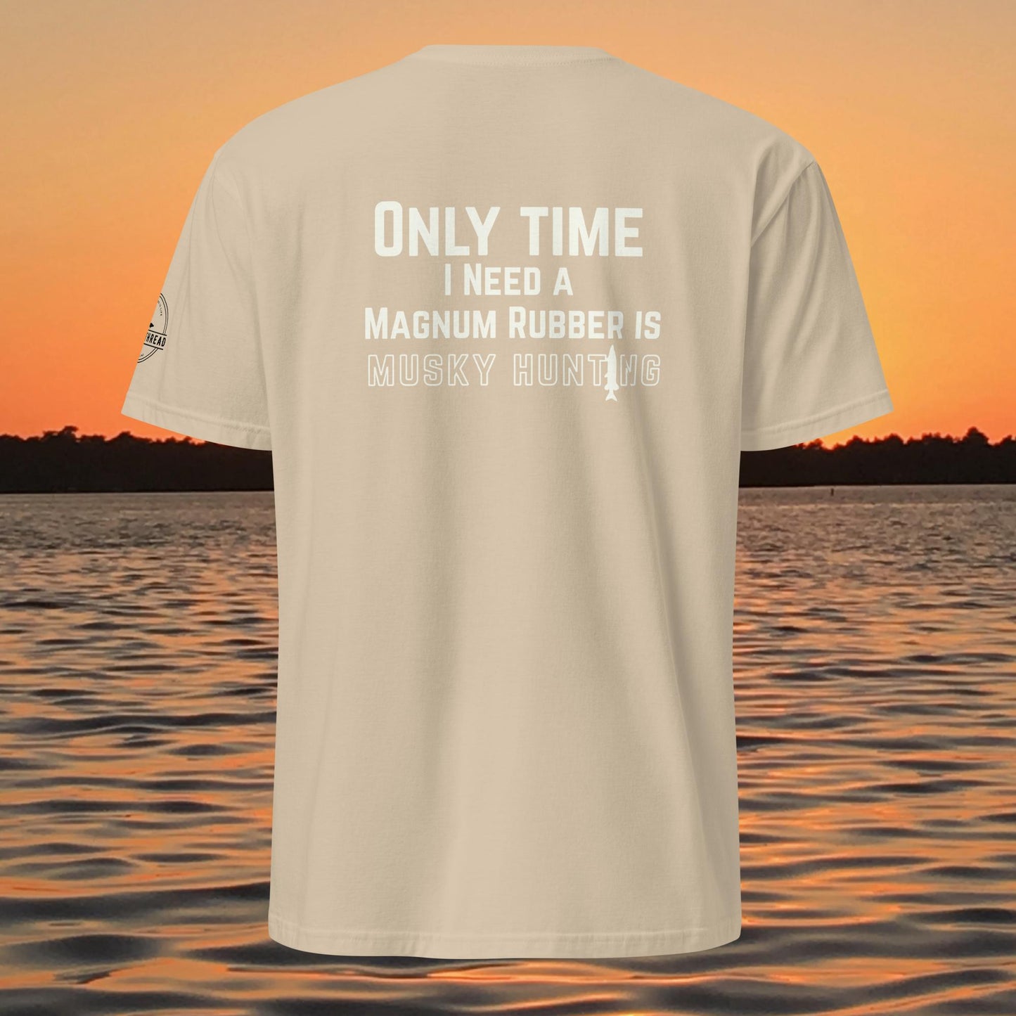 funny muskie fishing shirt musky hunting magnum rubber design back print tan