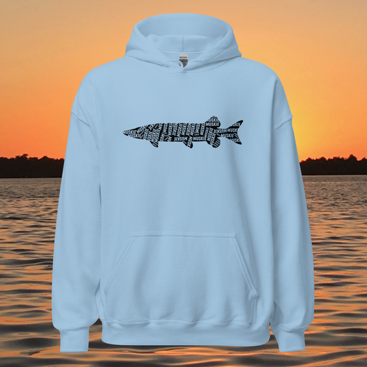 musky fishing hoodie with muskie silhouette text design