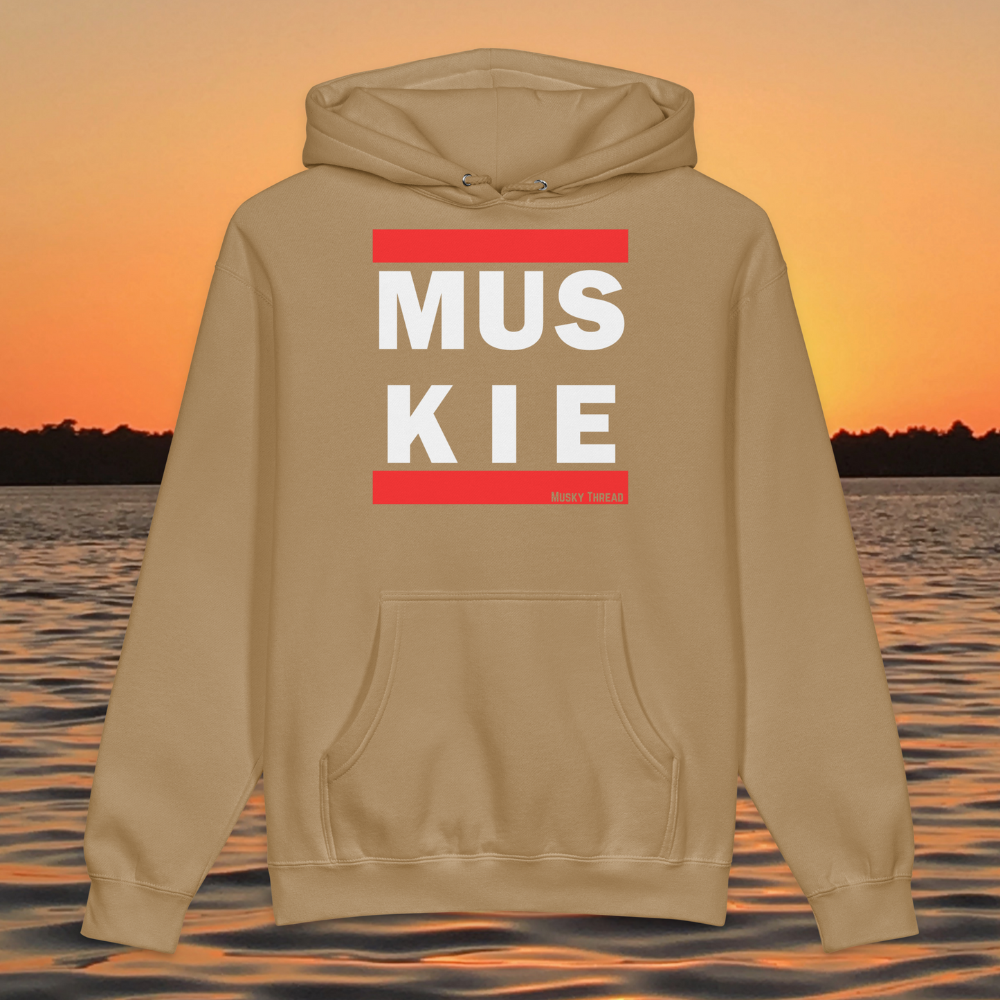 Tan retro muskie fishing hoodie with red and white block letter graphic, Musky Thread brand