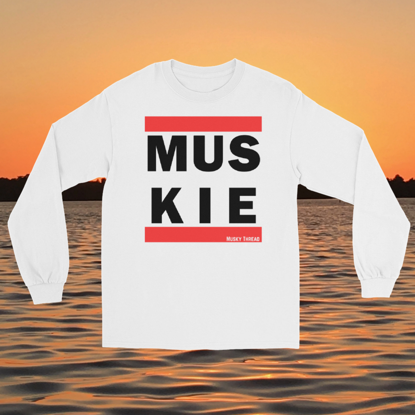 retro muskie fishing t-shirt with red and white block letter graphic, Musky Thread brand