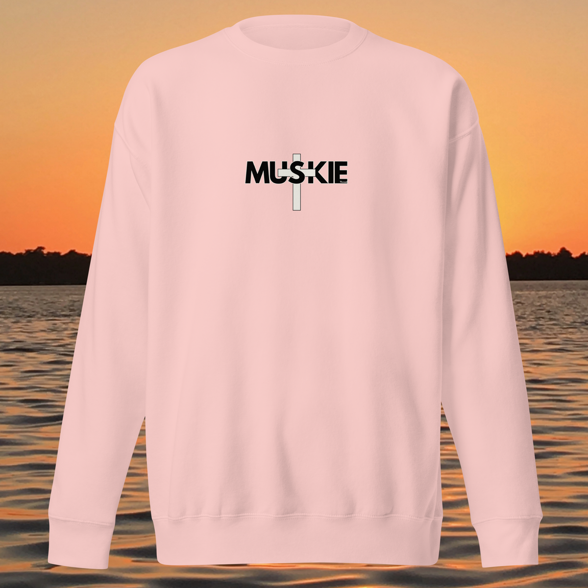 Minimalist Muskie Cross crewneck sweatshirt with black MUSKIE lettering crossed by a cream cross on the chest