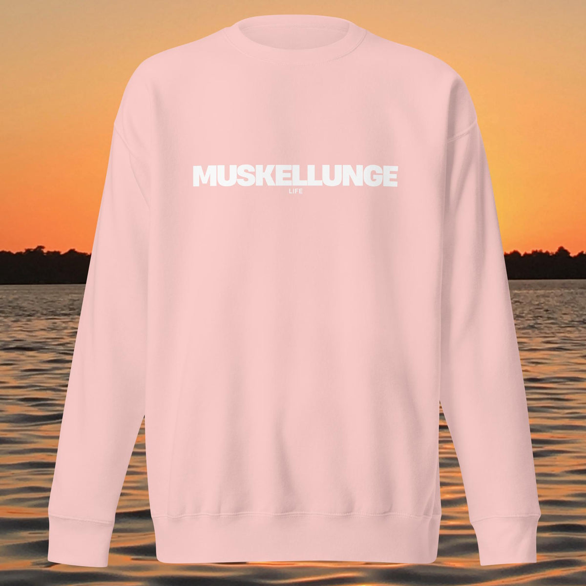 unisex crewneck sweatshirt with bold "MUSKELLUNGE LIFE" lettering