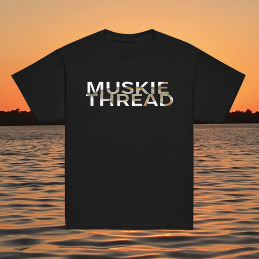 youth t shirt with musky thread text fill design featuring musky pattern inside lettering