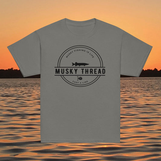 youth musky fishing shirt musky thread logo kids tee grey