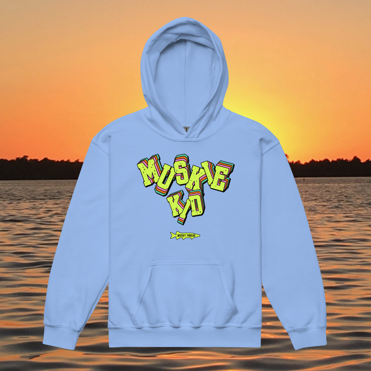 Neon Muskie youth hoodie with retro fishing graphic