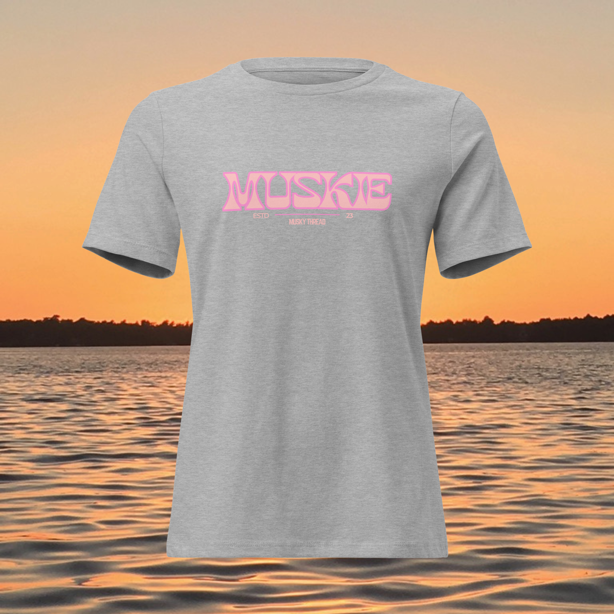 Muskie Varsity t-shirt with bold pink collegiate lettering and Musky Thread ESTD 23 branding