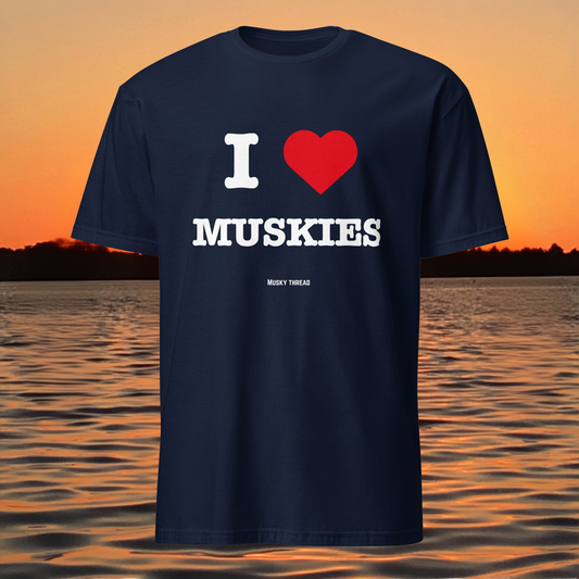 I Heart Muskies musky fishing shirt front view, Musky Thread I Love Muskies tee design close-up
