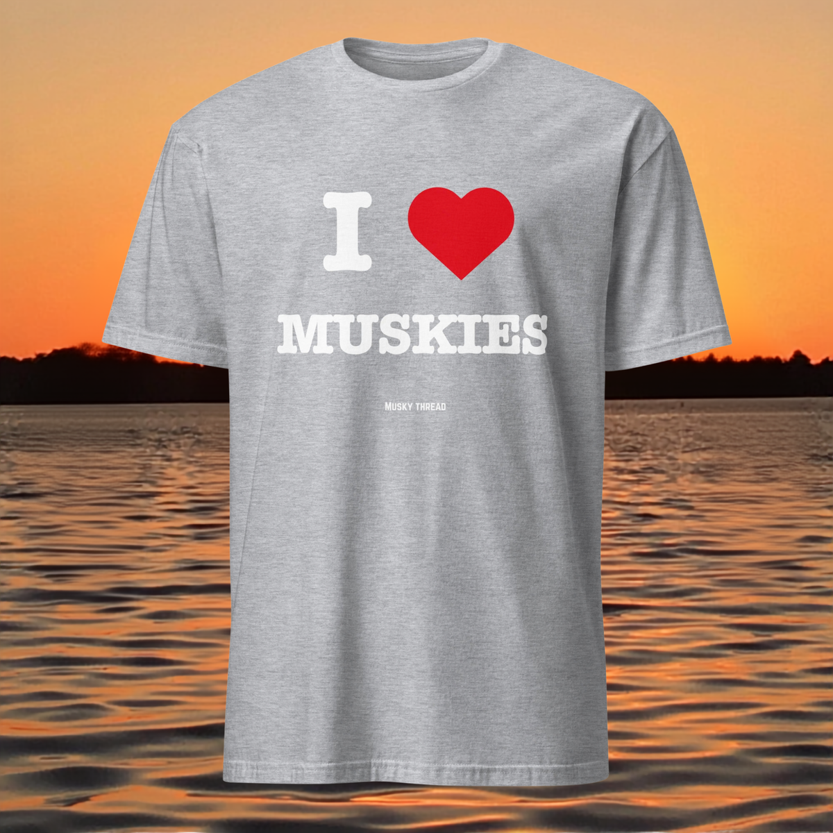 I Heart Muskies musky fishing shirt front view, Musky Thread I Love Muskies tee design close-up
