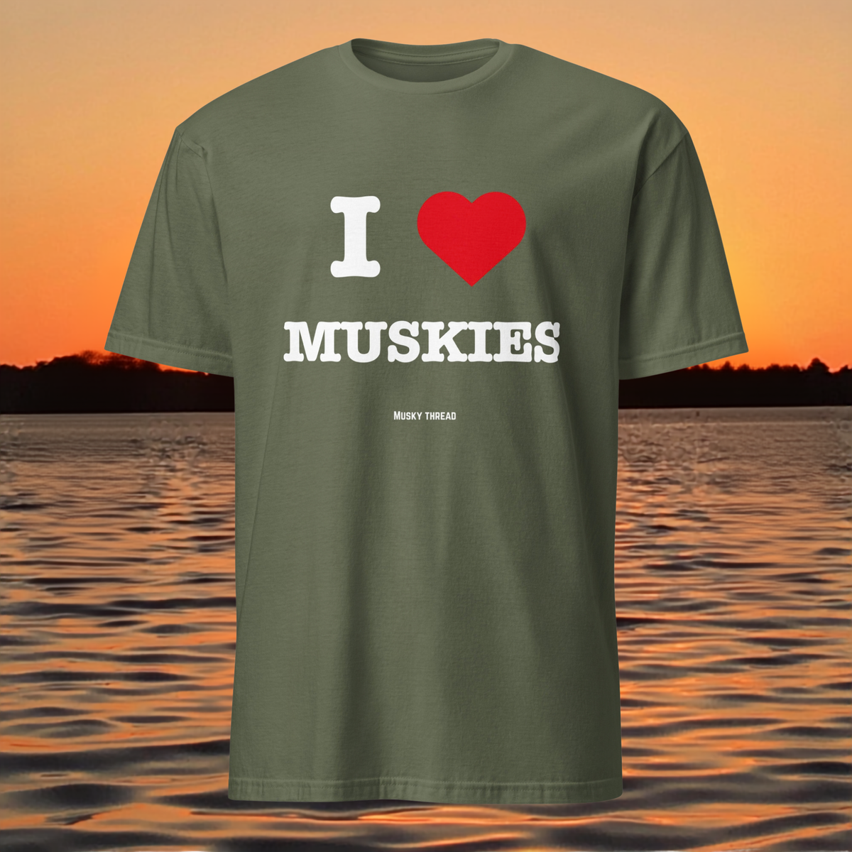 I Heart Muskies musky fishing shirt front view, Musky Thread I Love Muskies tee design close-up
