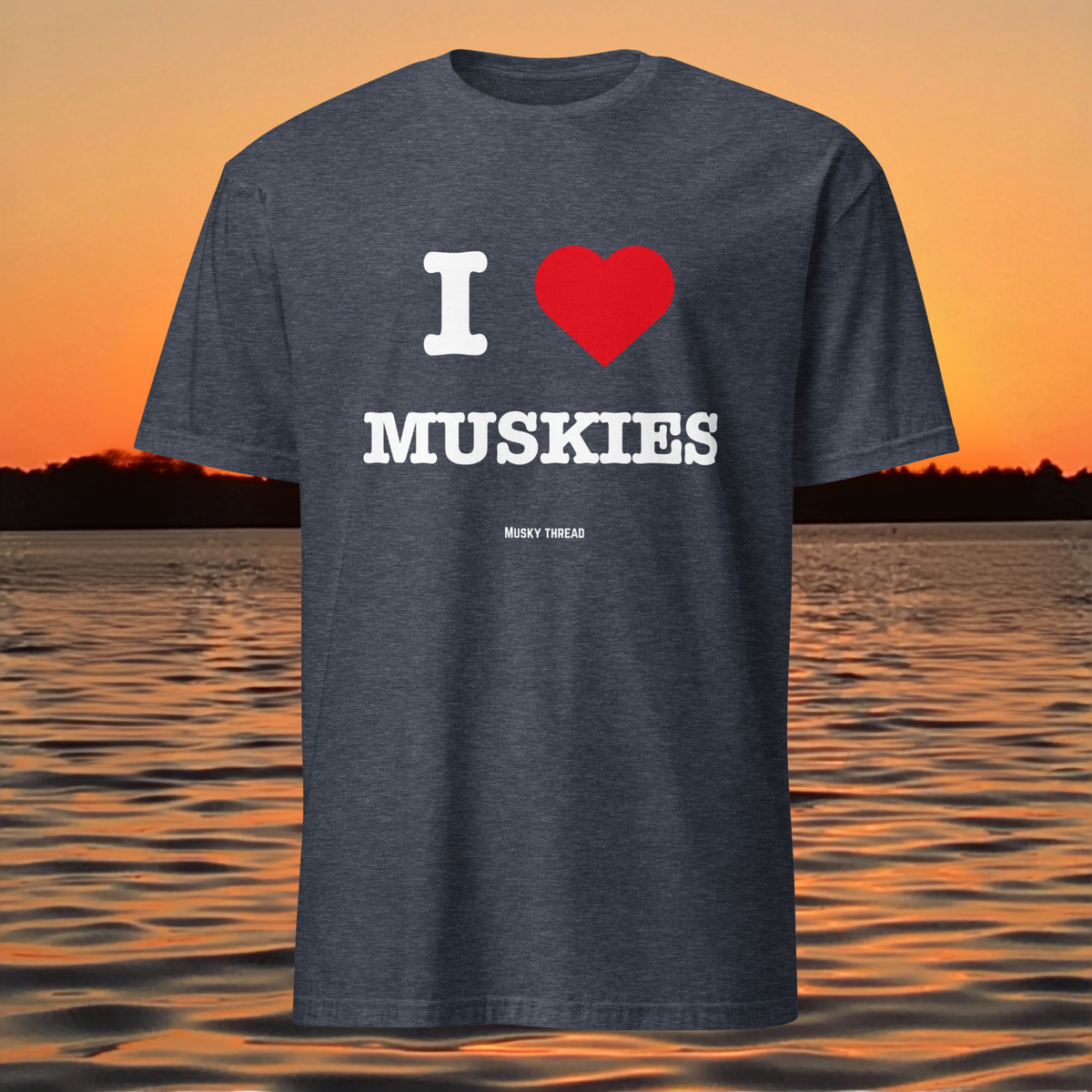 I Heart Muskies musky fishing shirt front view, Musky Thread I Love Muskies tee design close-up
