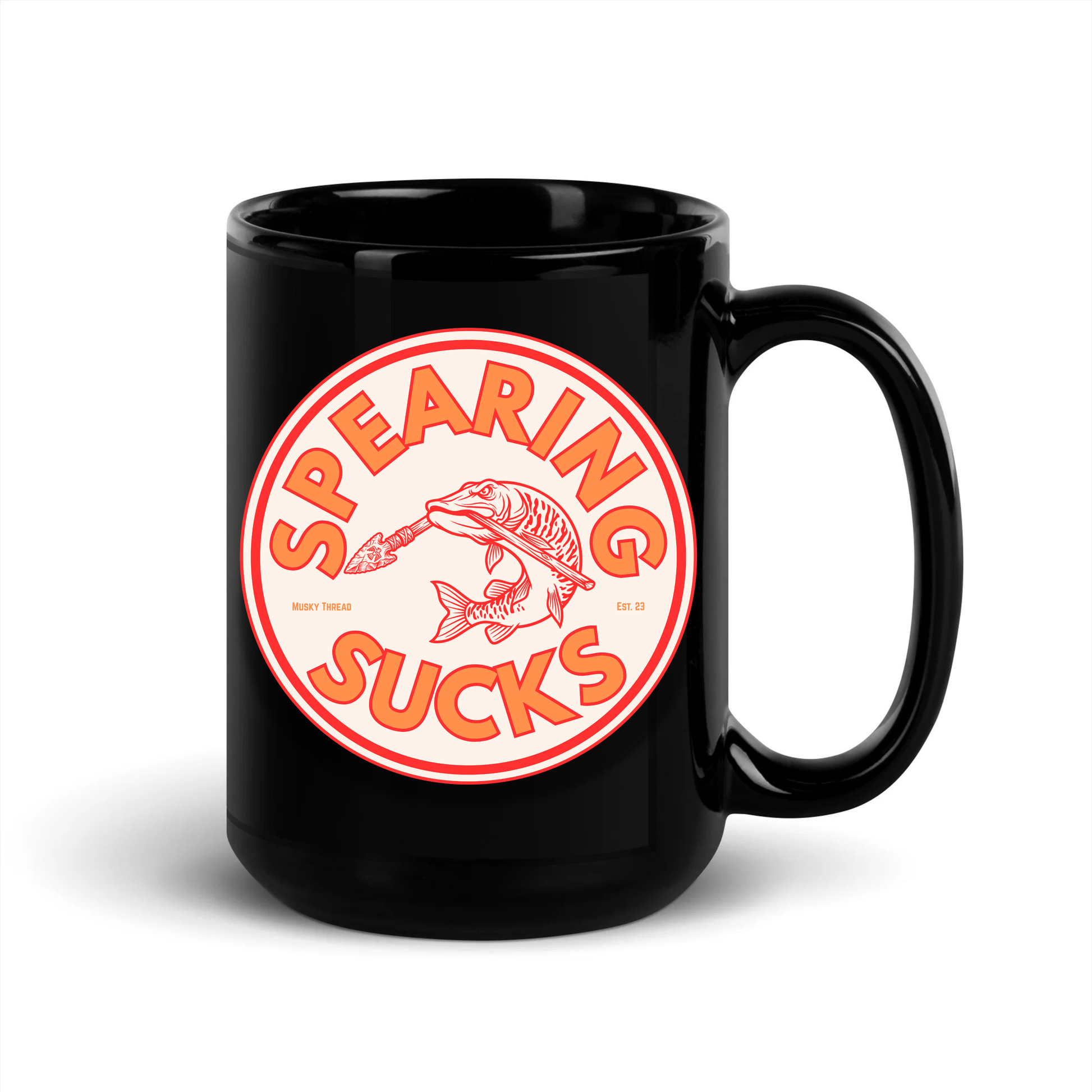 Black 15oz mug with Spearing Sucks musky fishing badge design in orange and red - Musky Thread
