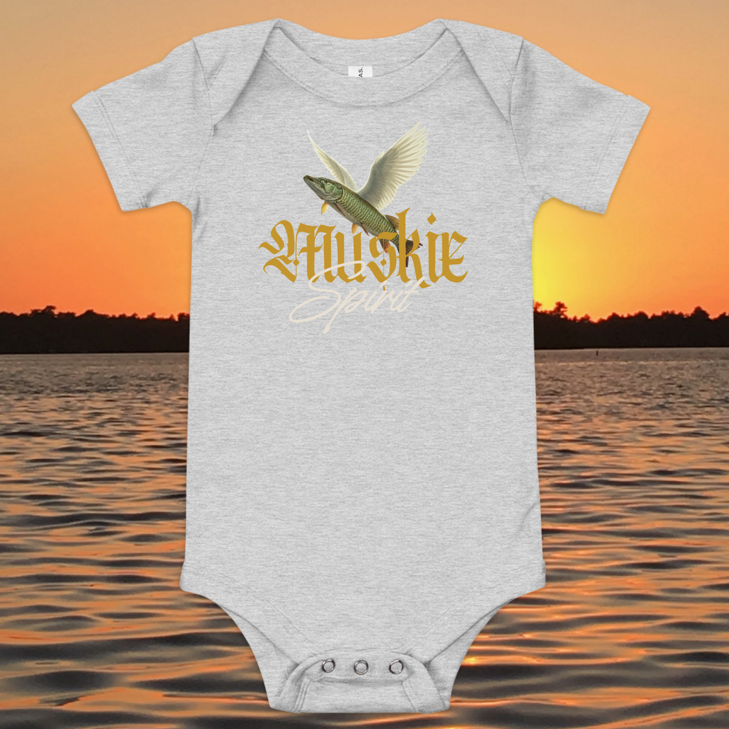 baby bodysuit muskie spirit fishing design with winged fish graphic