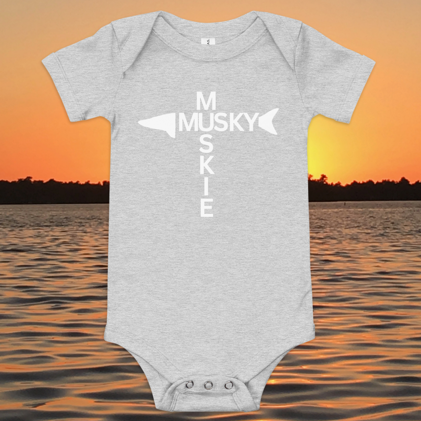 baby bodysuit minimalist musky fishing design vertical text layout