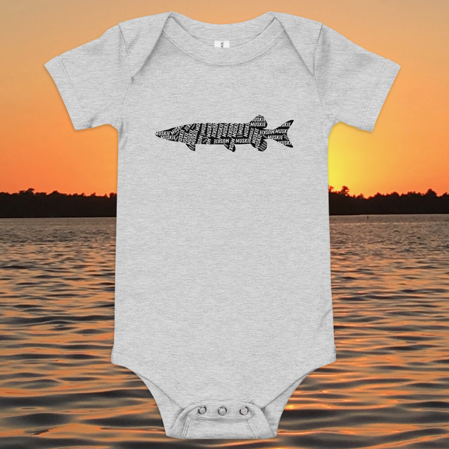 baby musky onesie with muskie silhouette text design

