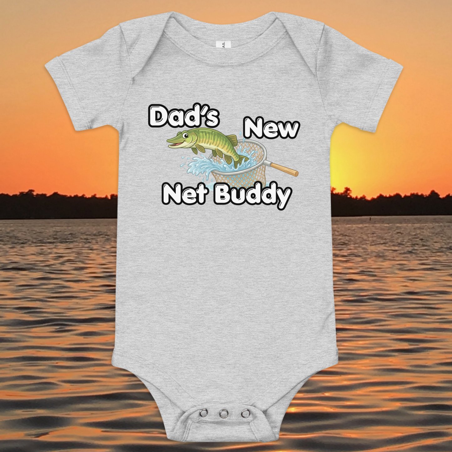 Dad’s New Net Buddy baby onesie with musky fish design, funny fishing baby bodysuit gift for dad