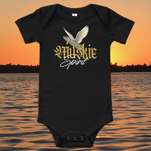 baby bodysuit muskie spirit fishing design with winged fish graphic