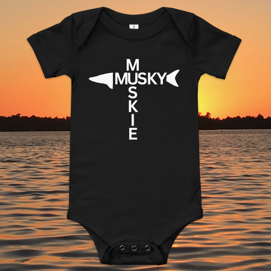 baby bodysuit minimalist musky fishing design vertical text layout
