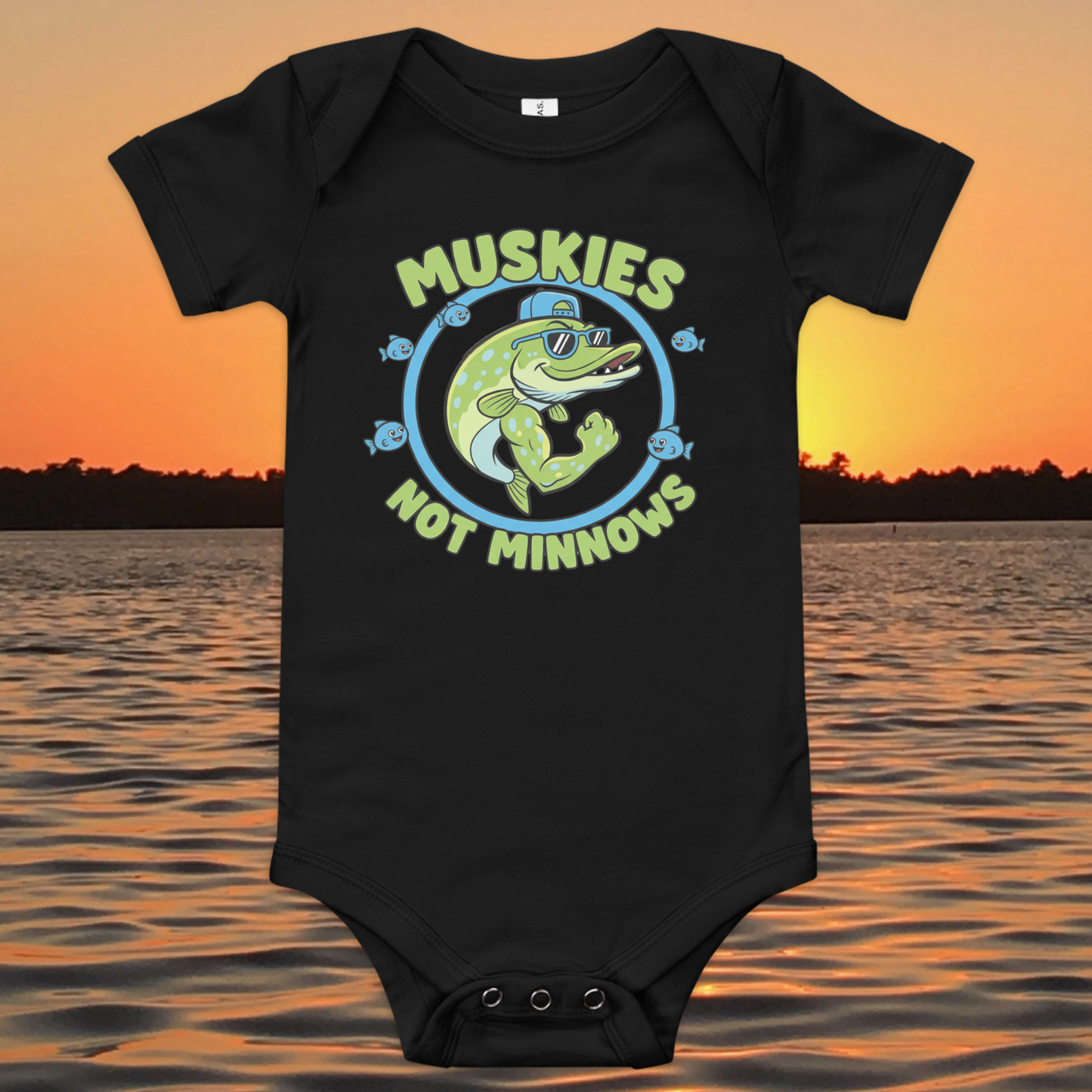 baby fishing onesie with cartoon muskie and muskies not minnows text

