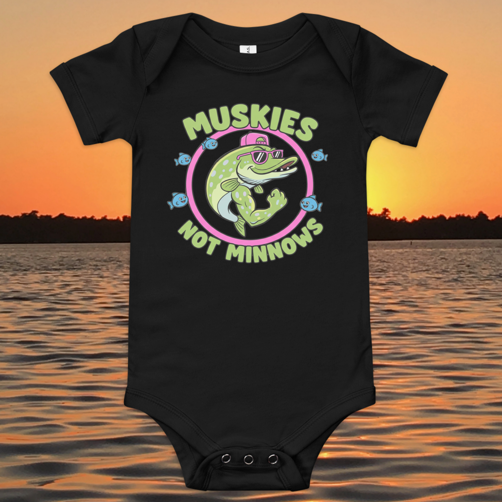 baby fishing onesie with cartoon muskie and muskies not minnows text design
