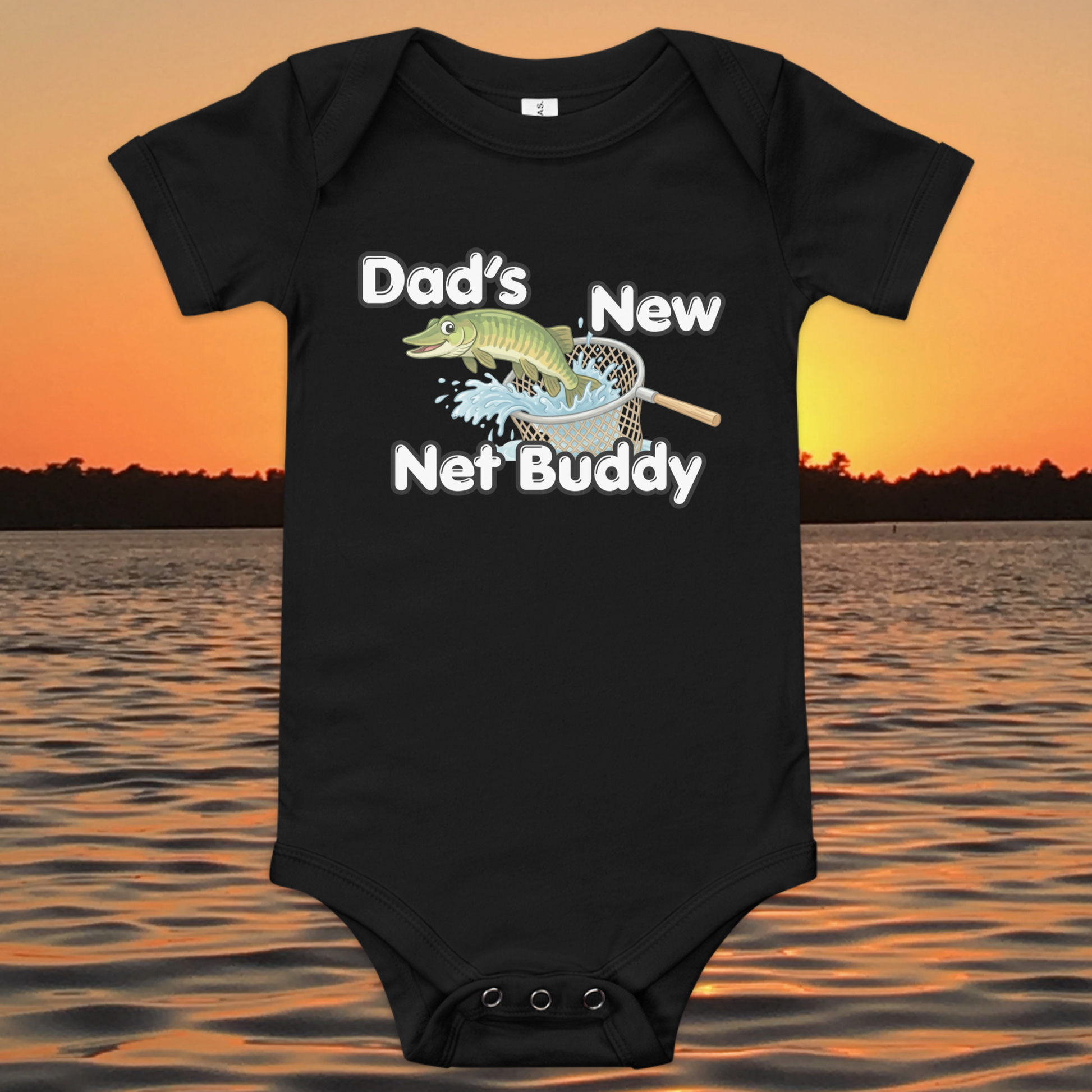 Dad’s New Net Buddy baby onesie with musky fish design, funny fishing baby bodysuit gift for dad