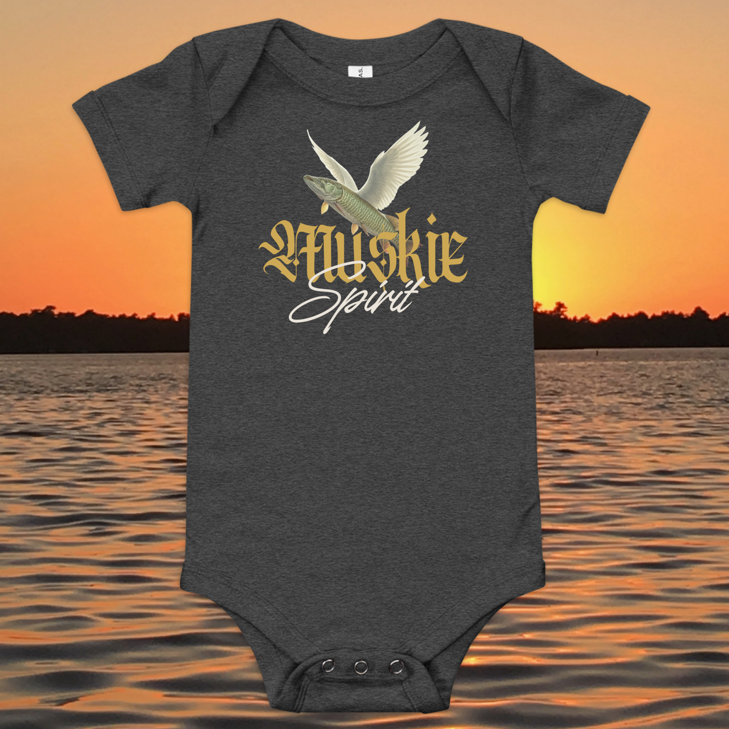 baby bodysuit muskie spirit fishing design with winged fish graphic