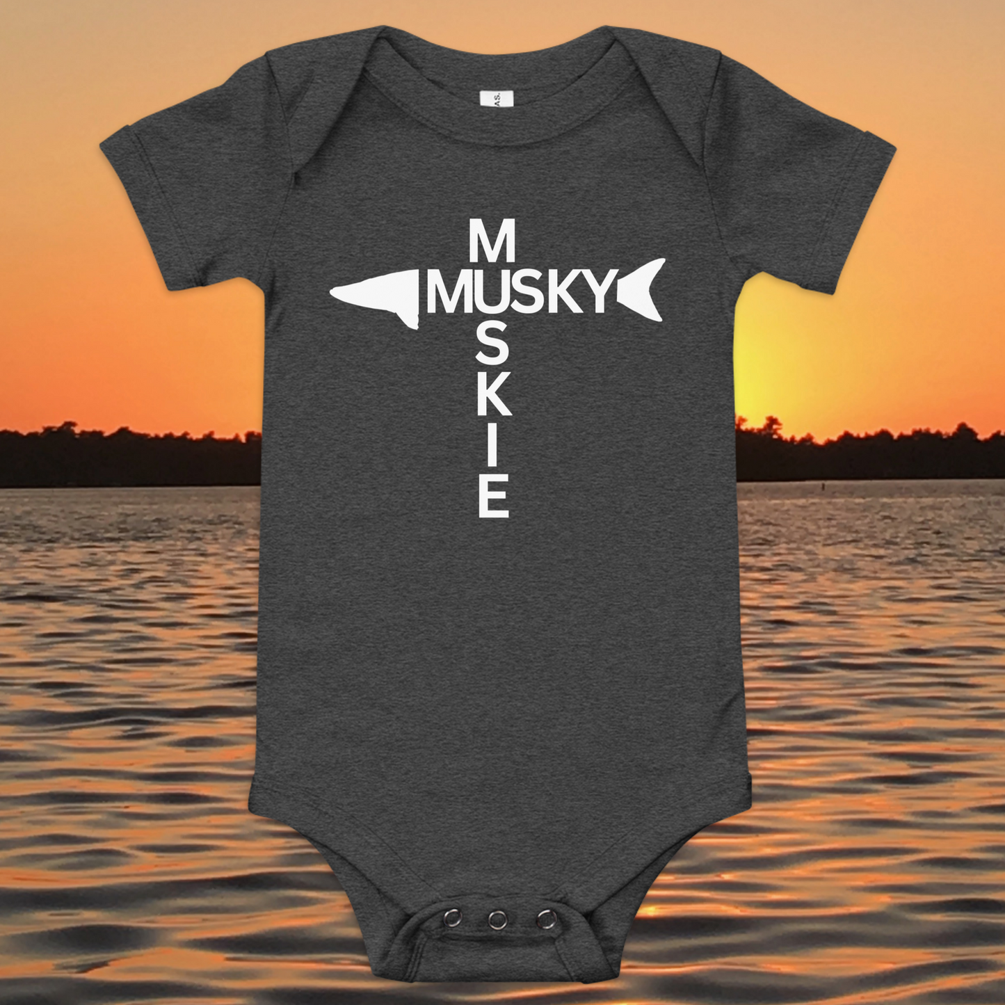 baby bodysuit minimalist musky fishing design vertical text layout