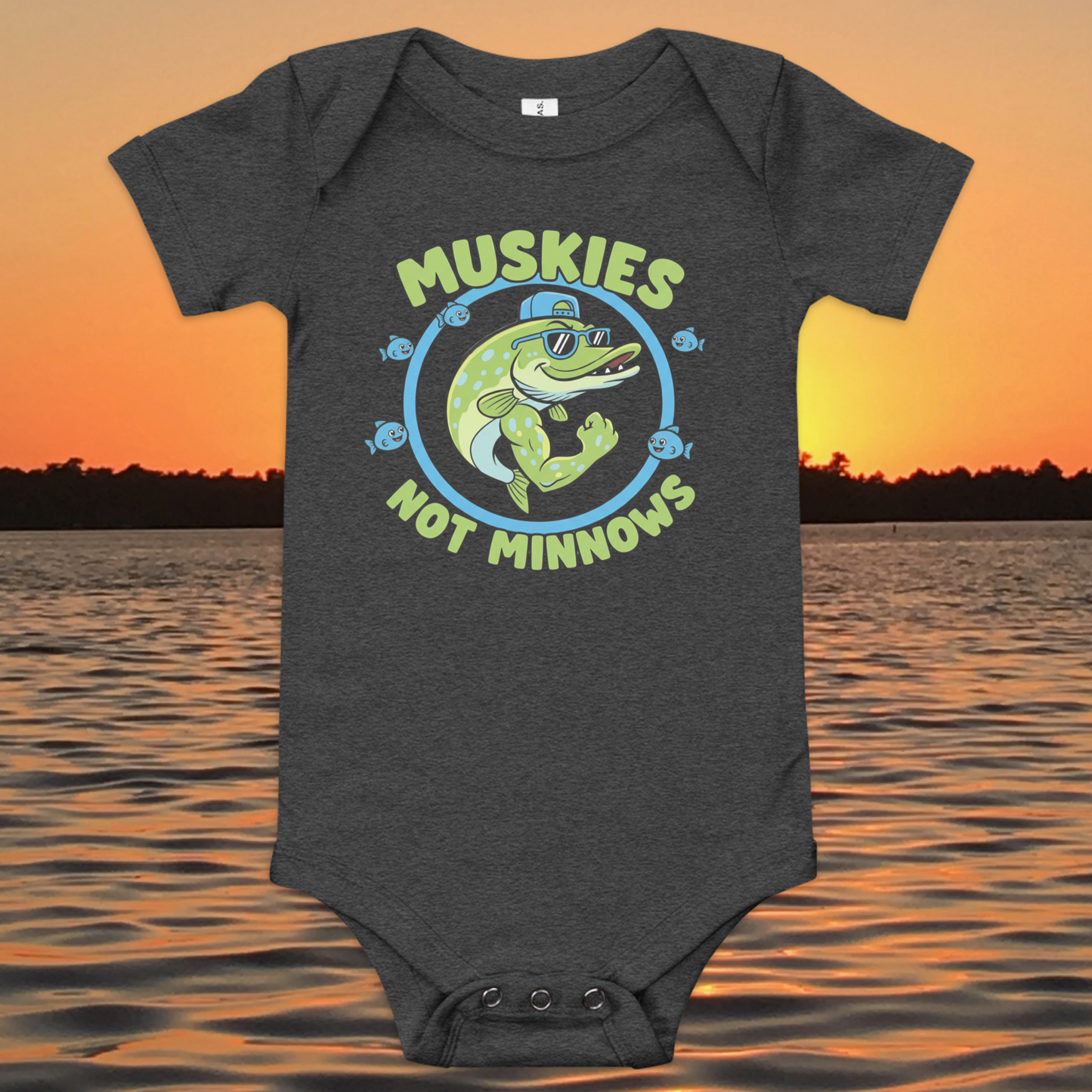 baby fishing onesie with cartoon muskie and muskies not minnows text
