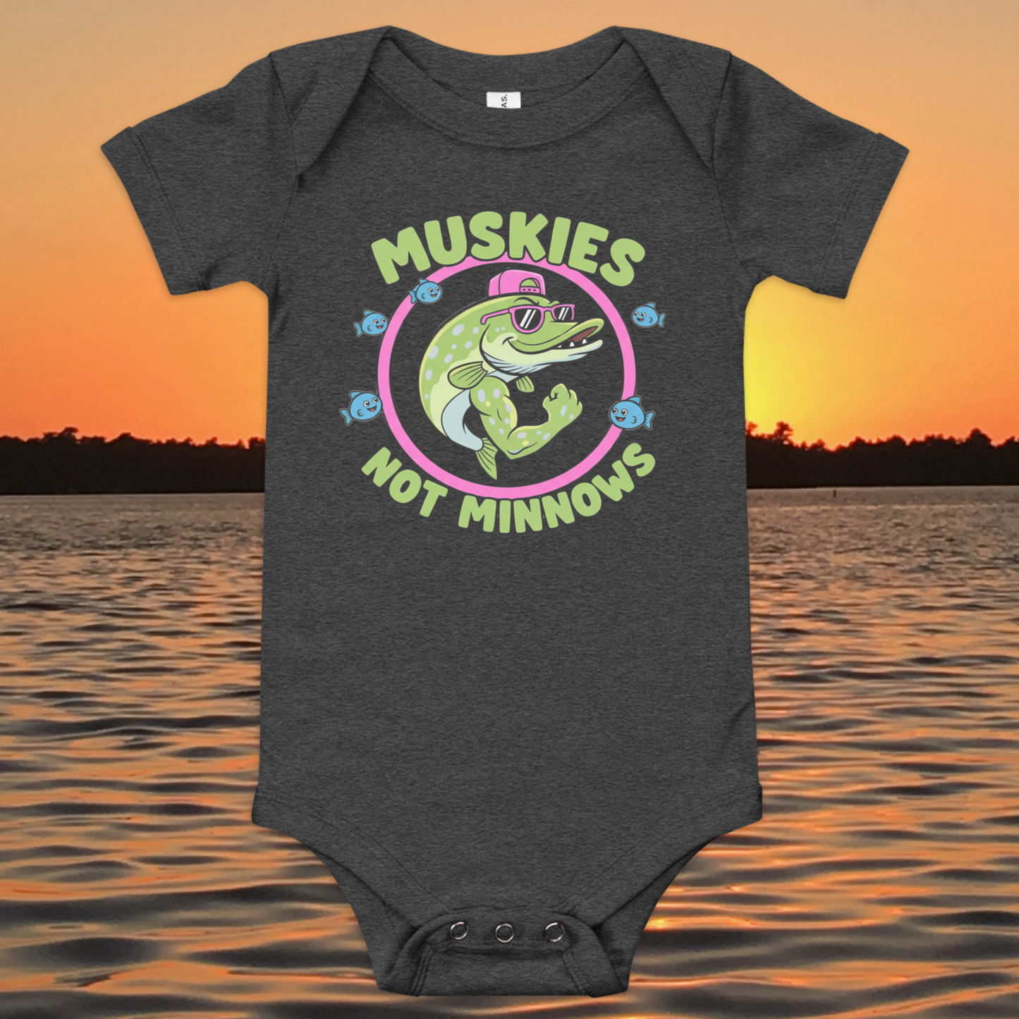 baby fishing onesie with cartoon muskie and muskies not minnows text design
