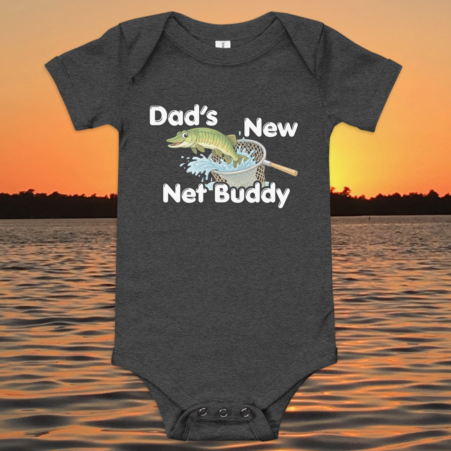 Dad’s New Net Buddy baby onesie with musky fish design, funny fishing baby bodysuit gift for dad
