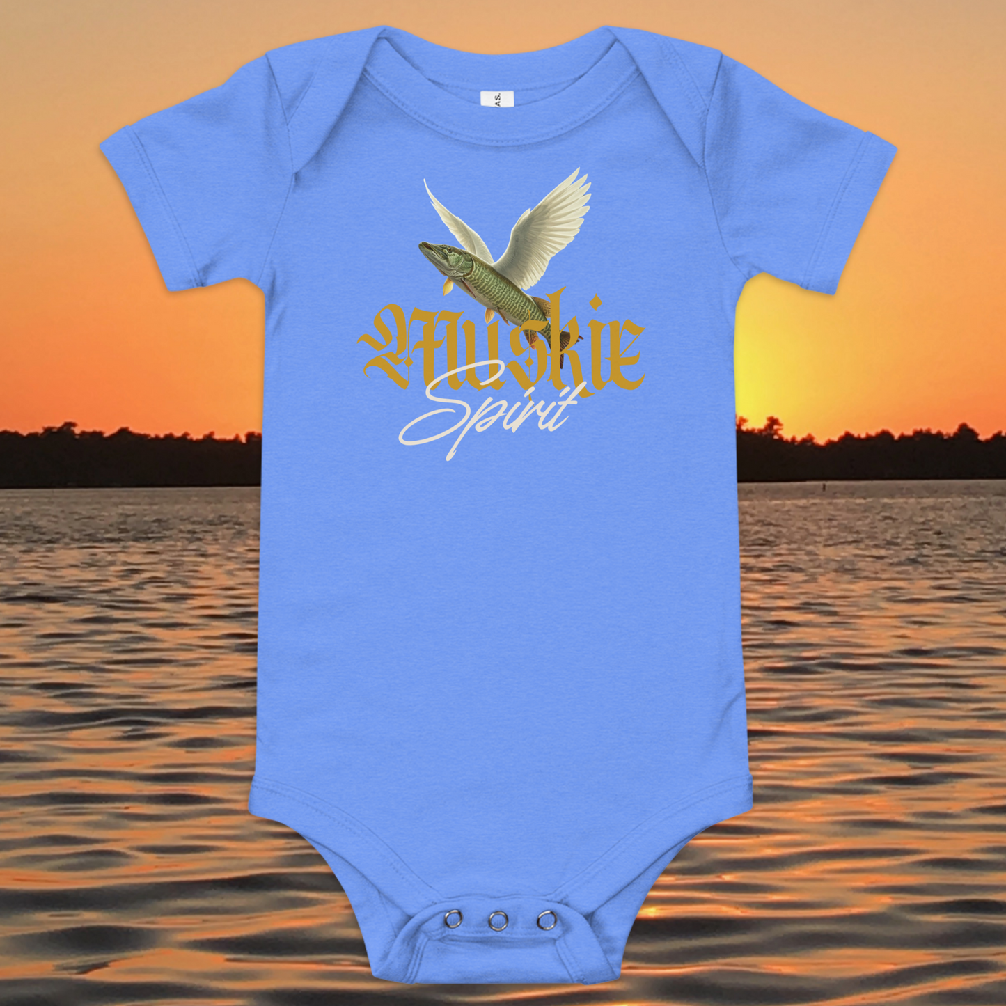 baby bodysuit muskie spirit fishing design with winged fish graphic