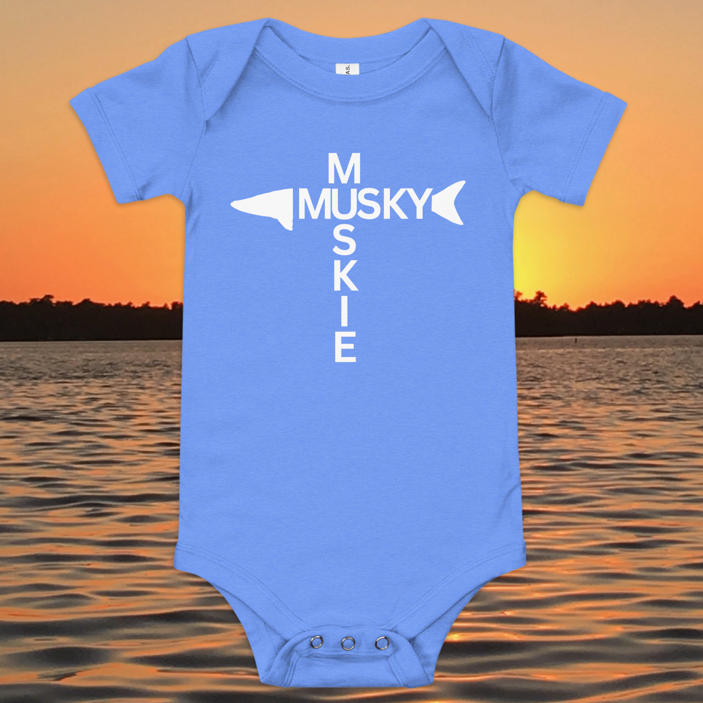 baby bodysuit minimalist musky fishing design vertical text layout
