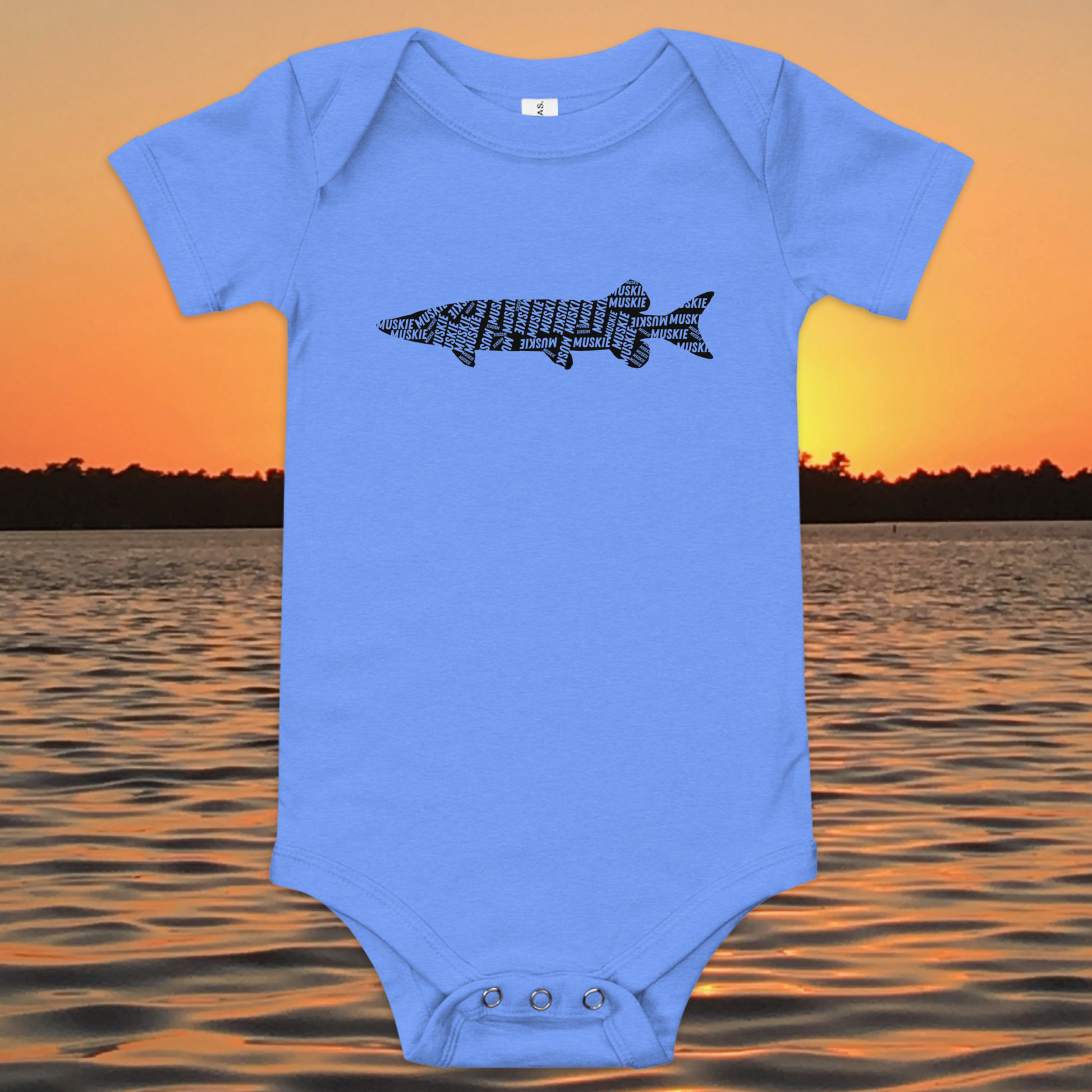 baby musky onesie with muskie silhouette text design
