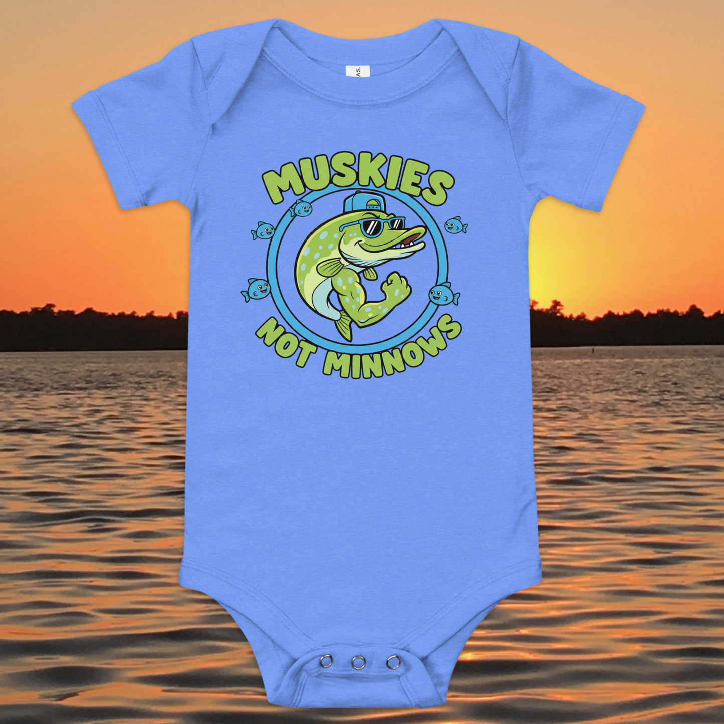 baby fishing onesie with cartoon muskie and muskies not minnows text
