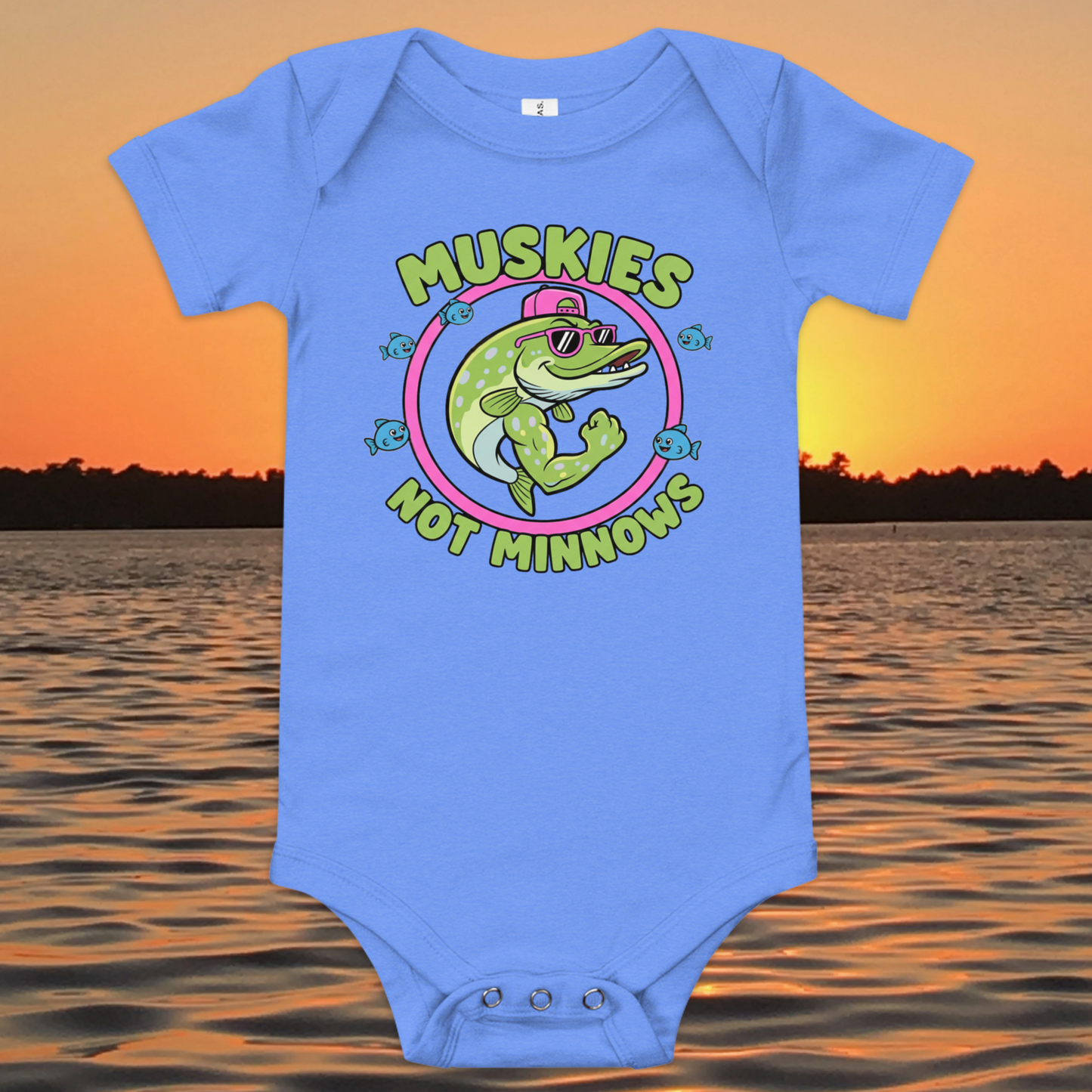 baby fishing onesie with cartoon muskie and muskies not minnows text design
