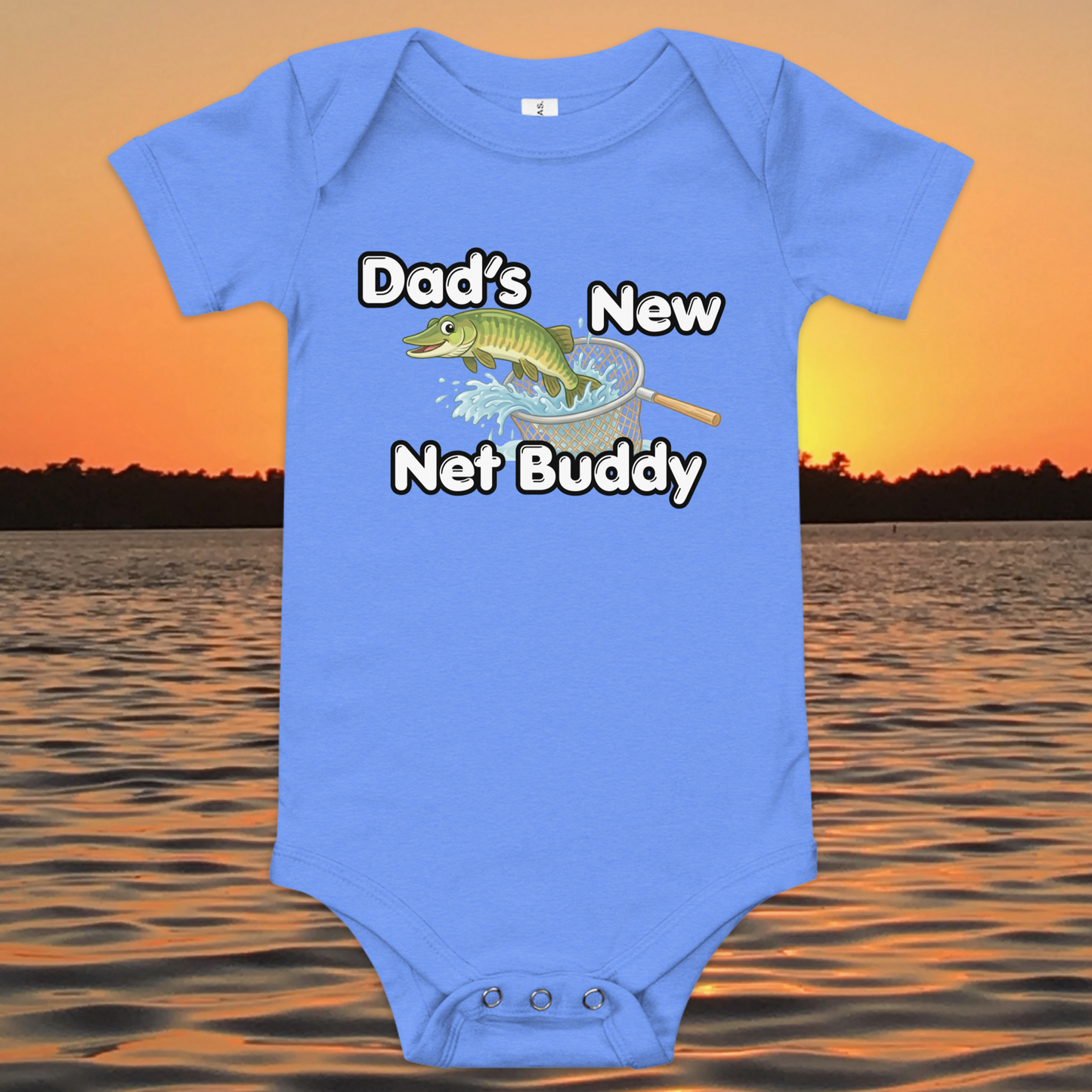 Dad’s New Net Buddy baby onesie with musky fish design, funny fishing baby bodysuit gift for dad