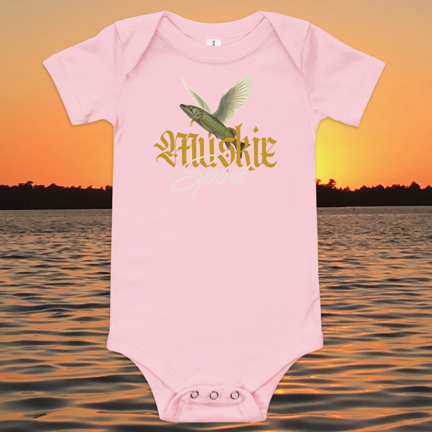 baby bodysuit muskie spirit fishing design with winged fish graphic