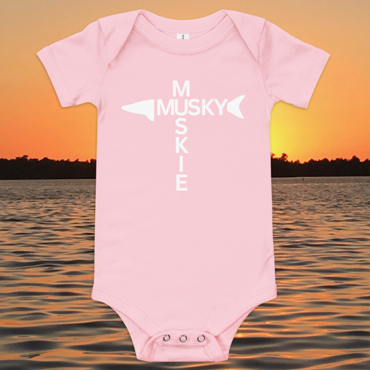 baby bodysuit minimalist musky fishing design vertical text layout