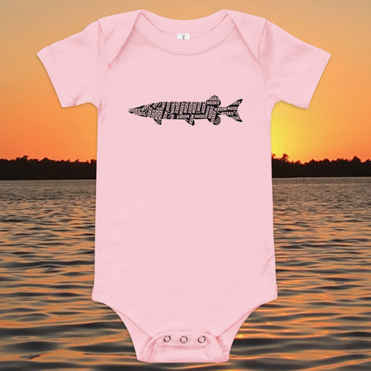 baby musky onesie with muskie silhouette text design
