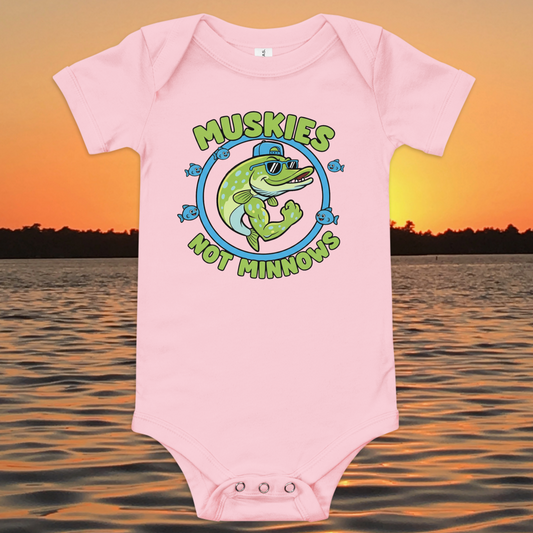 baby fishing onesie with cartoon muskie and muskies not minnows text
