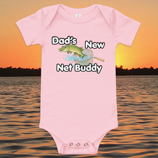 Dad’s New Net Buddy baby onesie with musky fish design, funny fishing baby bodysuit gift for dad