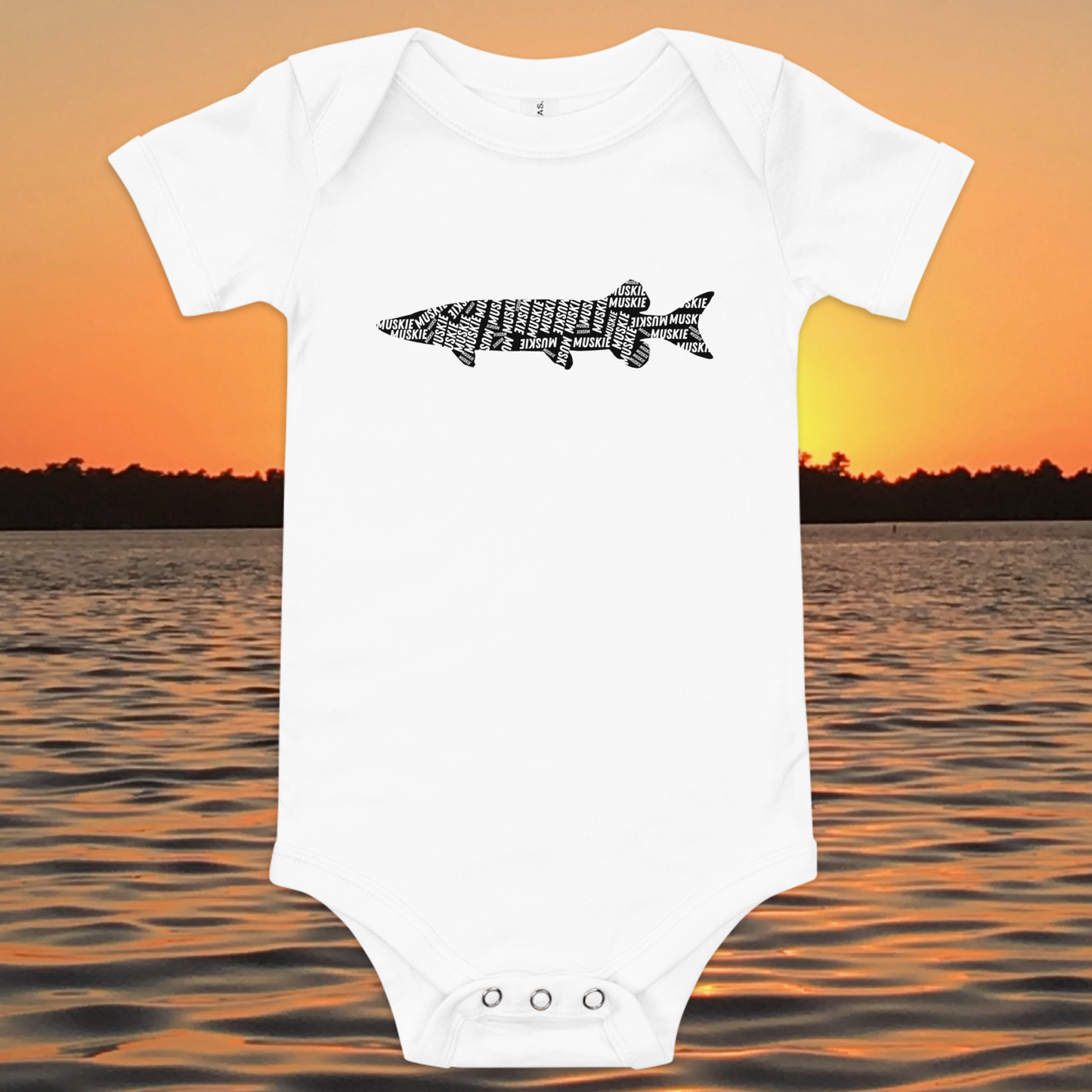 baby musky onesie with muskie silhouette text design

