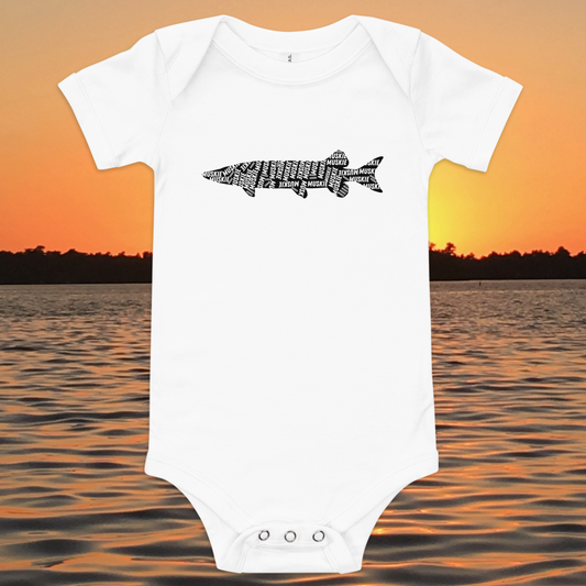 baby musky onesie with muskie silhouette text design
