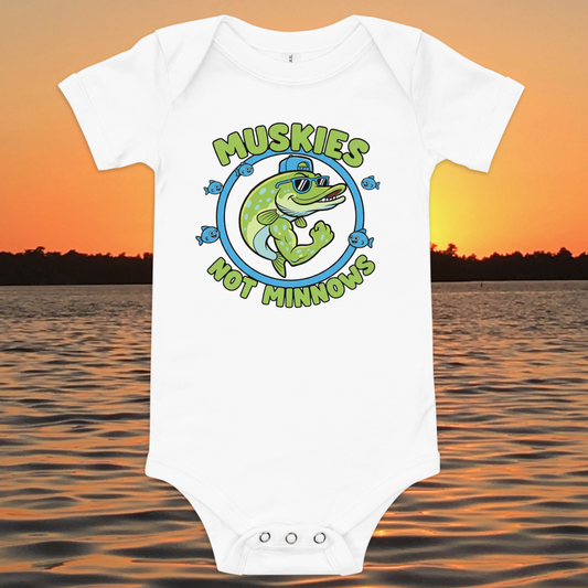 baby fishing onesie with cartoon muskie and muskies not minnows text
