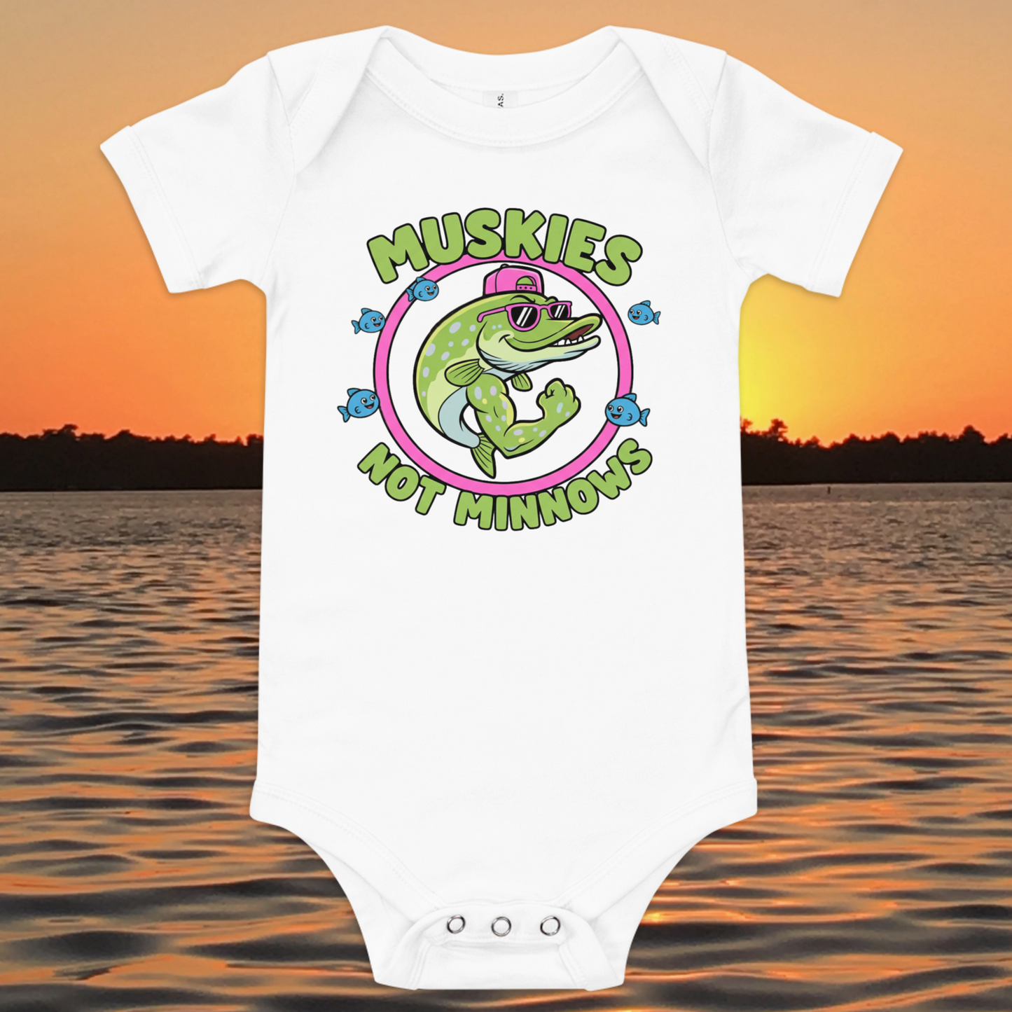 baby fishing onesie with cartoon muskie and muskies not minnows text design
