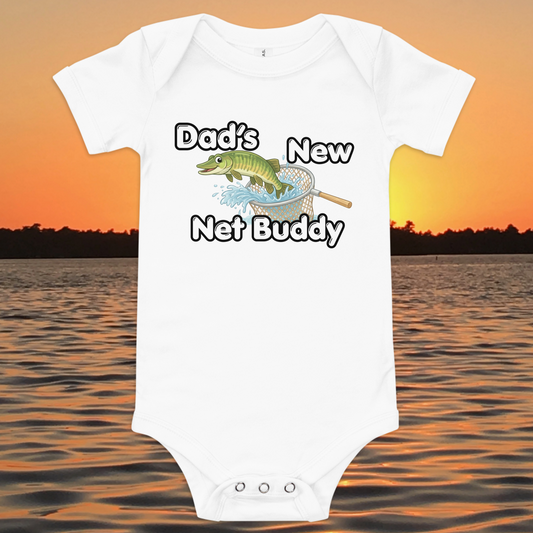 Dad’s New Net Buddy baby onesie with musky fish design, funny fishing baby bodysuit gift for dad